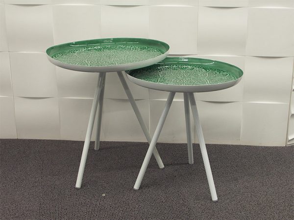 Set de 2 Guéridons Hanjel blanc plateau émaillé vert