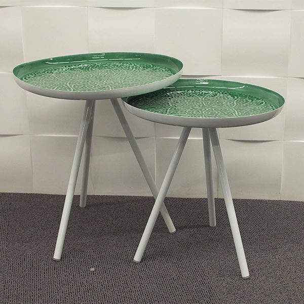 Set de 2 Guéridons Hanjel blanc plateau émaillé vert